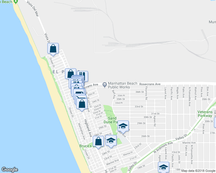 map of restaurants, bars, coffee shops, grocery stores, and more near 540 Rosecrans Avenue in Manhattan Beach