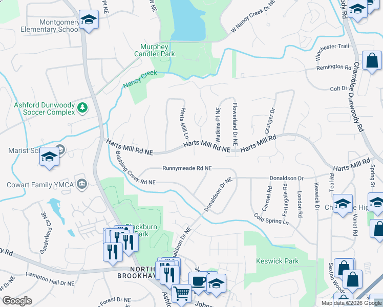 map of restaurants, bars, coffee shops, grocery stores, and more near 3737 Ashford Point in Atlanta
