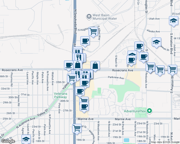 map of restaurants, bars, coffee shops, grocery stores, and more near 1200 Rosecrans Avenue in Manhattan Beach