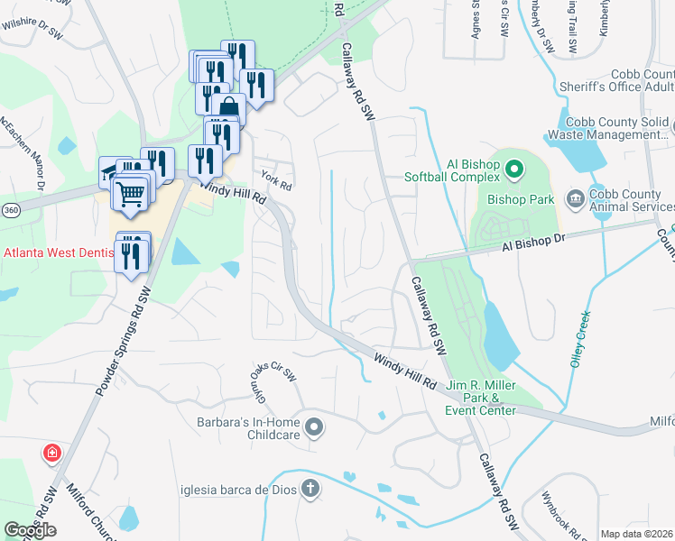 map of restaurants, bars, coffee shops, grocery stores, and more near 2104 Corsica Way Southwest in Marietta