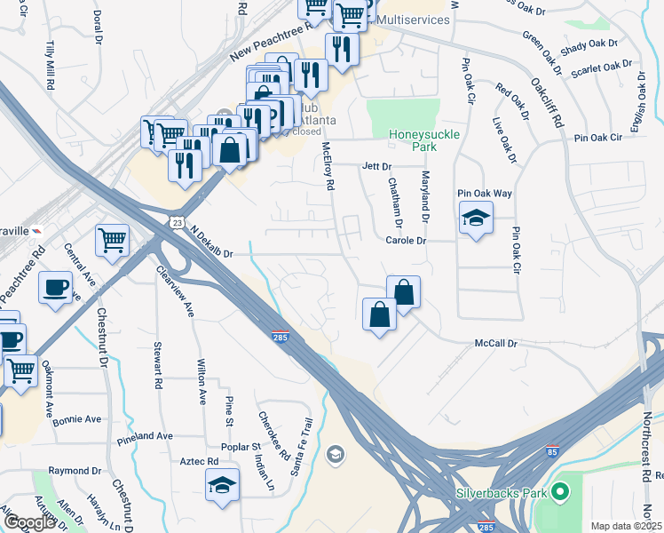 map of restaurants, bars, coffee shops, grocery stores, and more near 2991 North Dekalb Drive in Atlanta