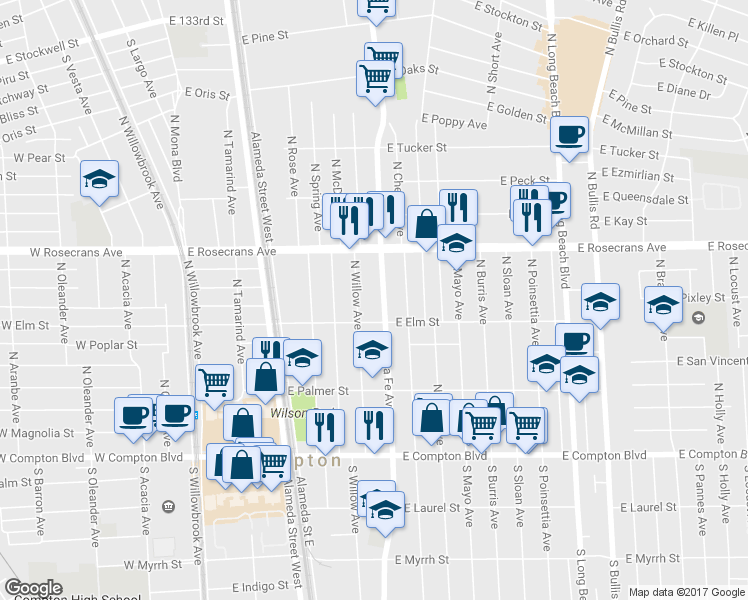 map of restaurants, bars, coffee shops, grocery stores, and more near 805 North Santa Fe Avenue in Compton