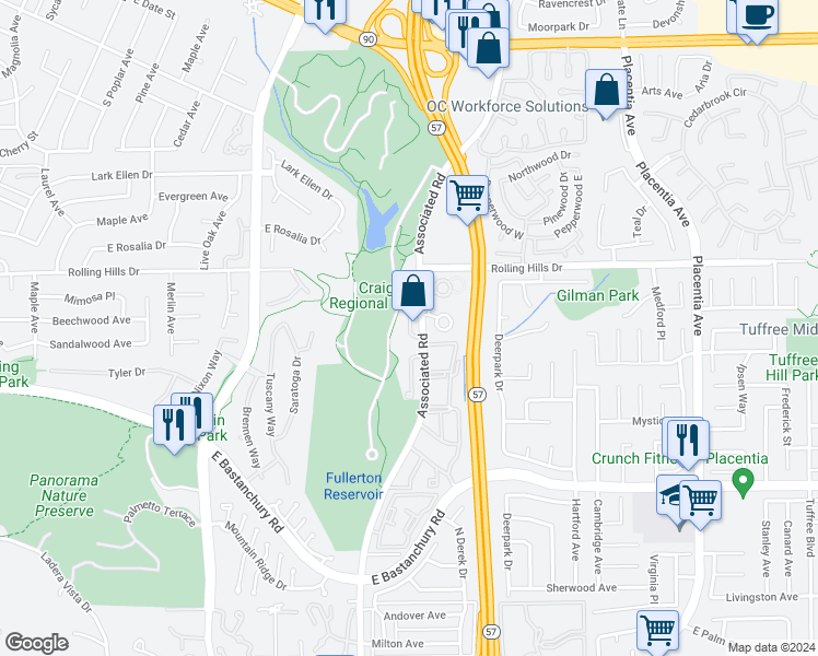 map of restaurants, bars, coffee shops, grocery stores, and more near 2827 Park Vista Court in Fullerton