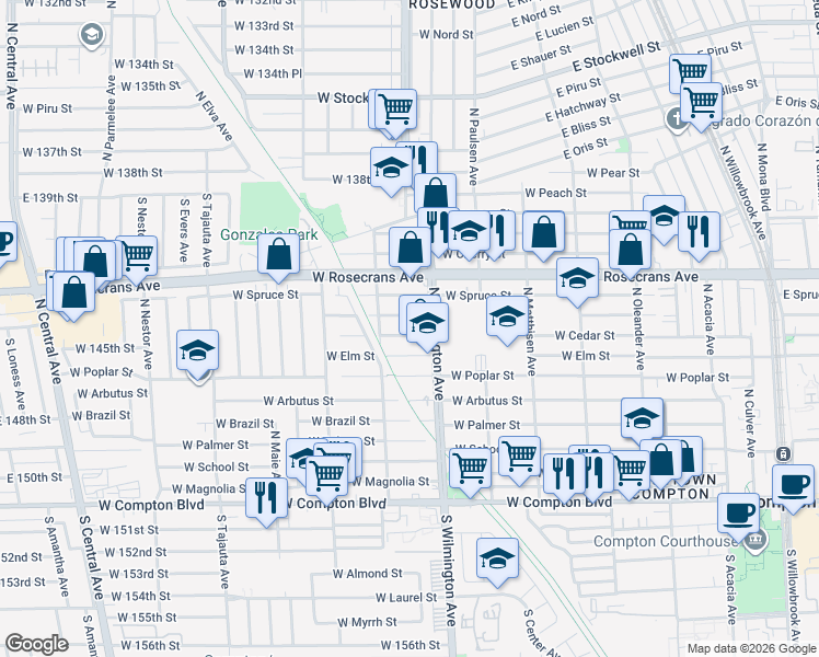 map of restaurants, bars, coffee shops, grocery stores, and more near 821 West Cedar Street in Compton