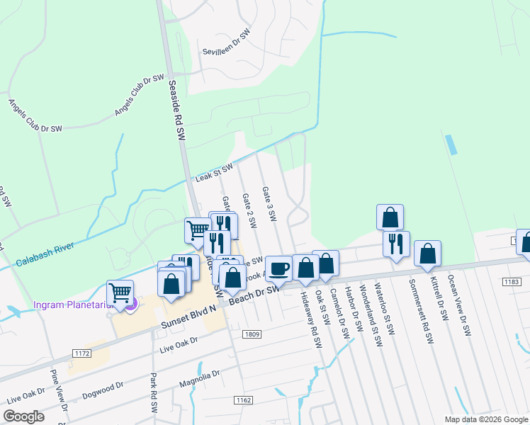 map of restaurants, bars, coffee shops, grocery stores, and more near 1600 Gate 3 Southwest in Ocean Isle Beach