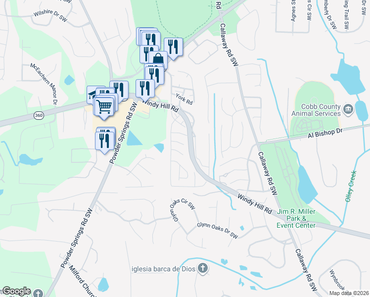 map of restaurants, bars, coffee shops, grocery stores, and more near 741 Holly Circle Southwest in Marietta