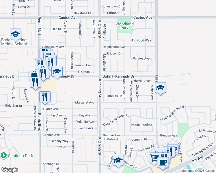 map of restaurants, bars, coffee shops, grocery stores, and more near 15097 Calle Renfro in Moreno Valley
