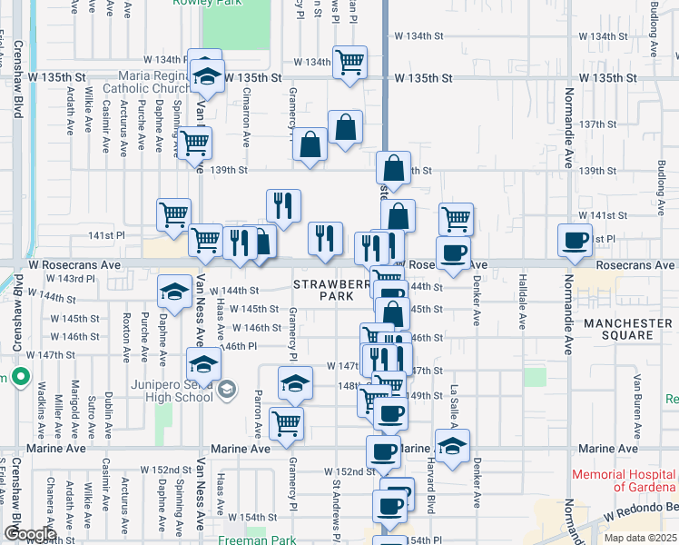 map of restaurants, bars, coffee shops, grocery stores, and more near 1900w Rosecrans Avenue in Gardena