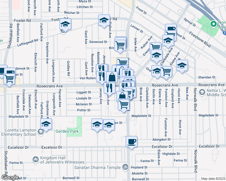 map of restaurants, bars, coffee shops, grocery stores, and more near 14321 Alburtis Avenue in Norwalk