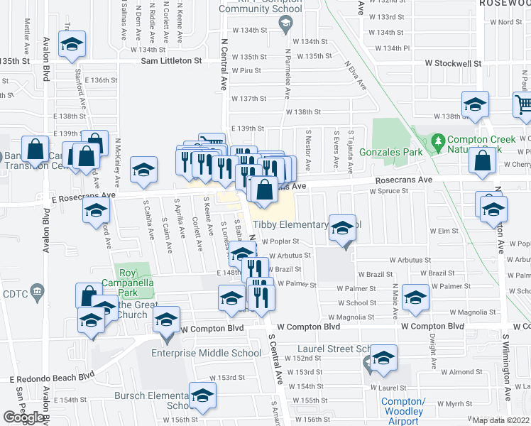 map of restaurants, bars, coffee shops, grocery stores, and more near 1700 Rosecrans Avenue in Compton