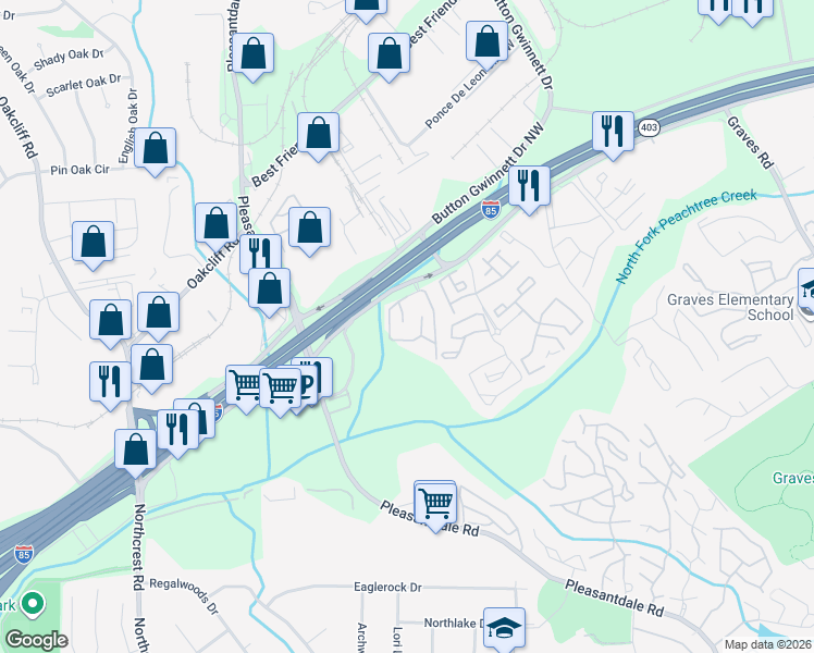 map of restaurants, bars, coffee shops, grocery stores, and more near 5201 Rutherford Glen Circle in Atlanta
