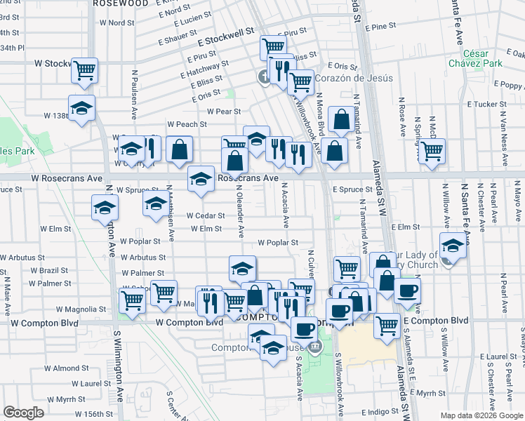 map of restaurants, bars, coffee shops, grocery stores, and more near 805 North Hickory Avenue in Compton