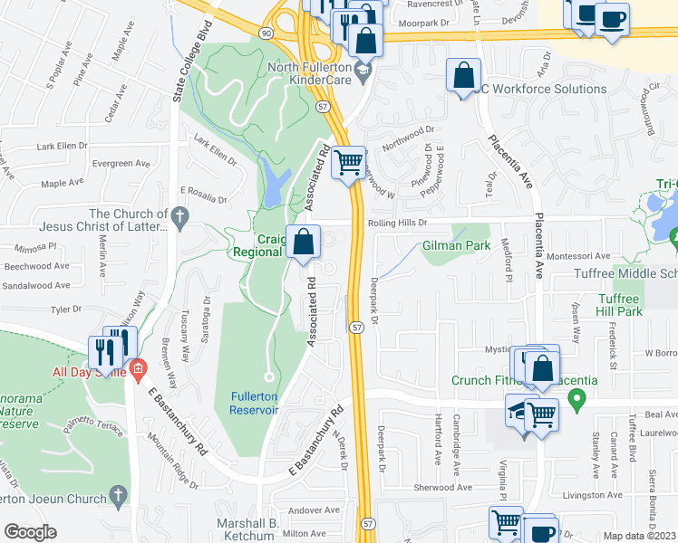 map of restaurants, bars, coffee shops, grocery stores, and more near 2789 Pine Creek Circle in Fullerton