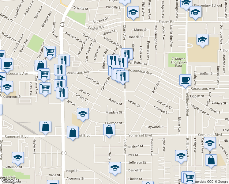 map of restaurants, bars, coffee shops, grocery stores, and more near 9321 Heiner Street in Bellflower