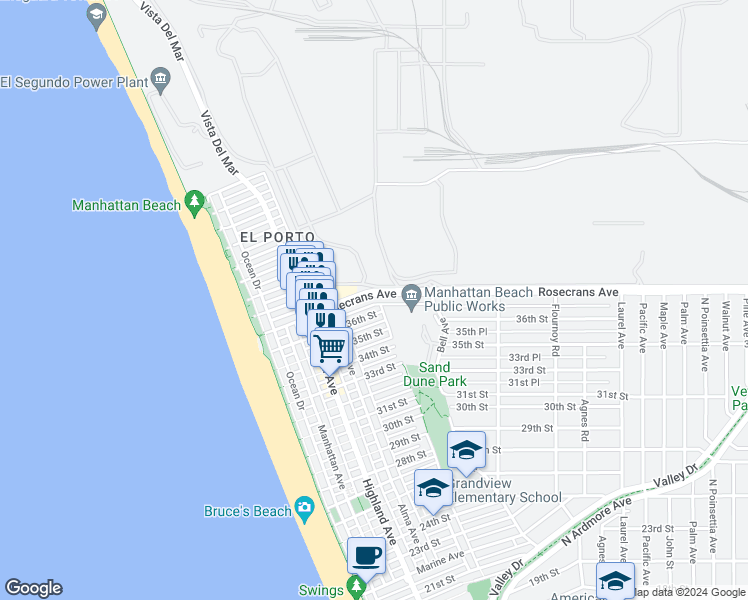 map of restaurants, bars, coffee shops, grocery stores, and more near 472 Rosecrans Avenue in Manhattan Beach