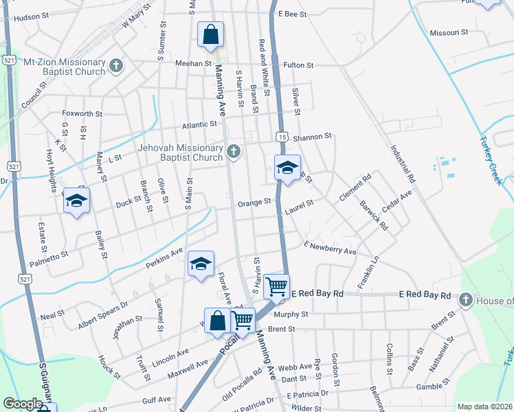 map of restaurants, bars, coffee shops, grocery stores, and more near 116 Orange Street in Sumter