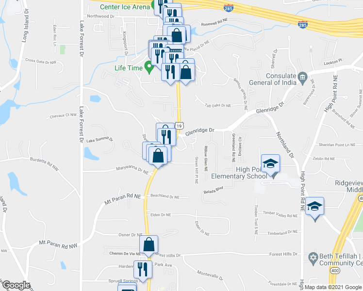 map of restaurants, bars, coffee shops, grocery stores, and more near 5375 Roswell Road Northeast in Atlanta