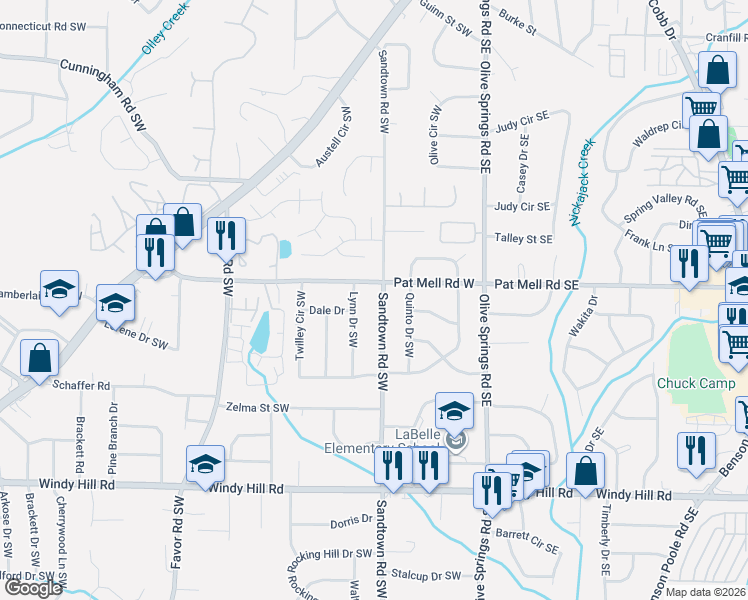 map of restaurants, bars, coffee shops, grocery stores, and more near 2126 Sandtown Rd SW in Marietta