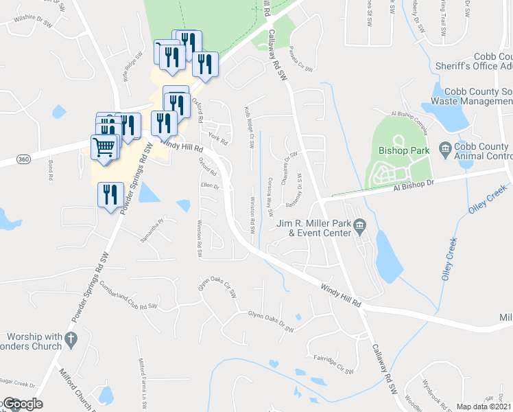 map of restaurants, bars, coffee shops, grocery stores, and more near 414 Winston Road Southwest in Marietta
