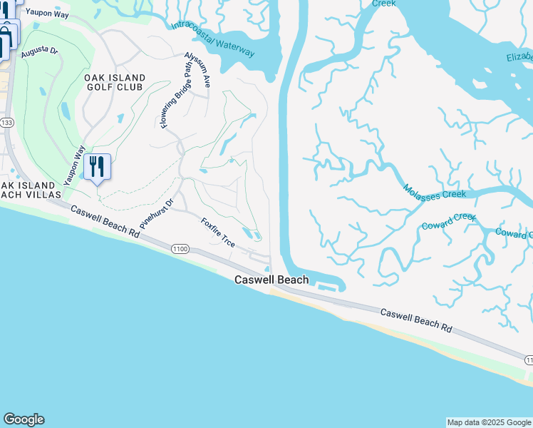 map of restaurants, bars, coffee shops, grocery stores, and more near 101 Ocean Greens Lane in Oak Island