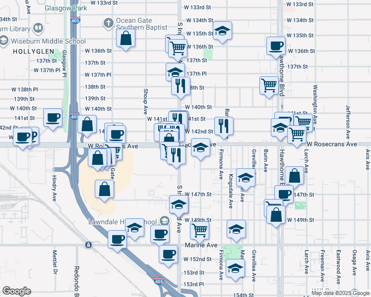 map of restaurants, bars, coffee shops, grocery stores, and more near 4750 Rosecrans Avenue in Hawthorne