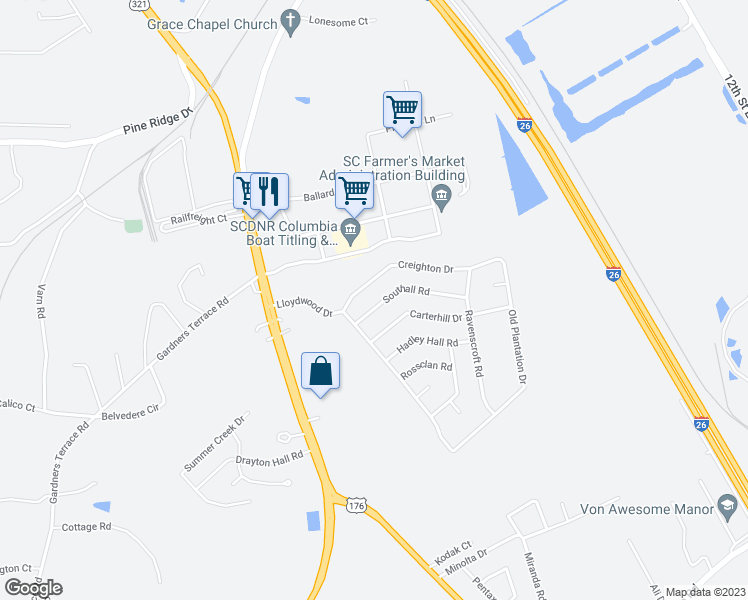 map of restaurants, bars, coffee shops, grocery stores, and more near 309 Southall Road in West Columbia