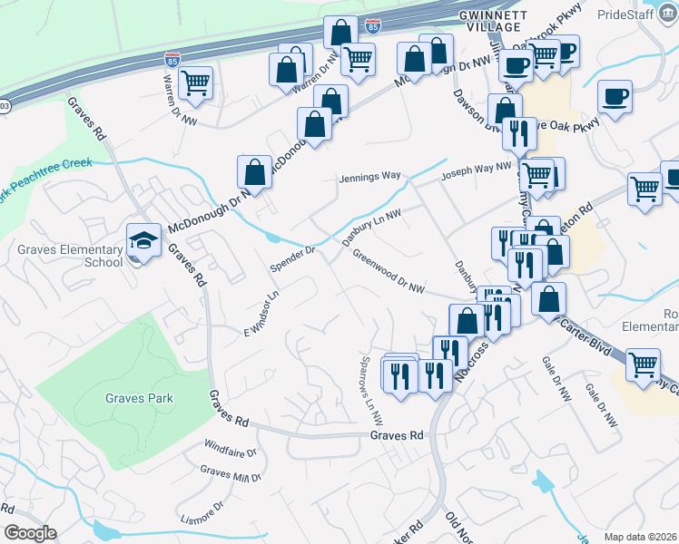 map of restaurants, bars, coffee shops, grocery stores, and more near 1576 Spender Drive in Norcross