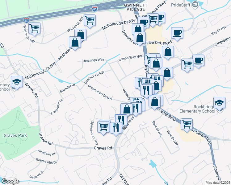 map of restaurants, bars, coffee shops, grocery stores, and more near 1518 Colony Court Northwest in Norcross