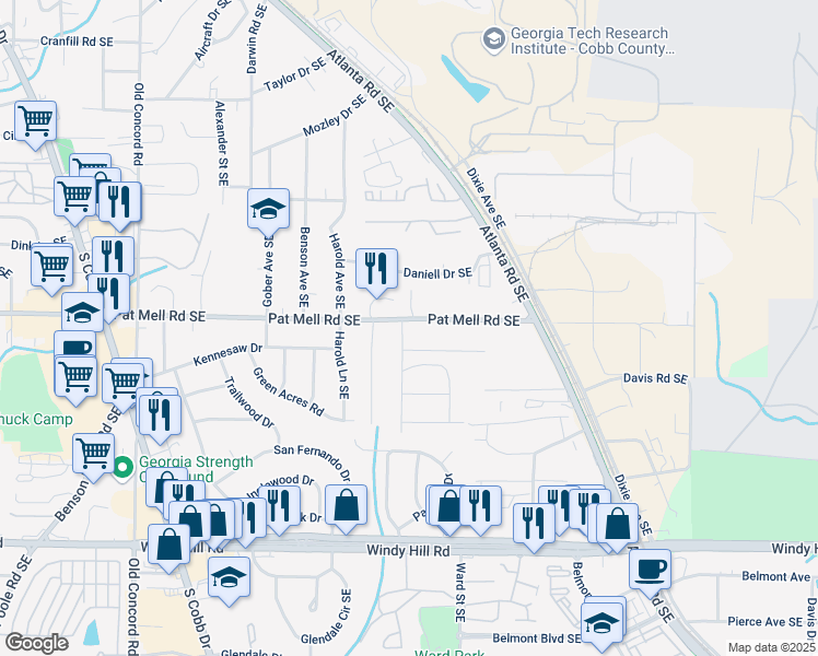 map of restaurants, bars, coffee shops, grocery stores, and more near 820 Pat Mell Road Southeast in Smyrna