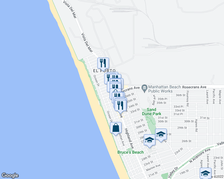 map of restaurants, bars, coffee shops, grocery stores, and more near Highland Avenue & 38th Street in Manhattan Beach