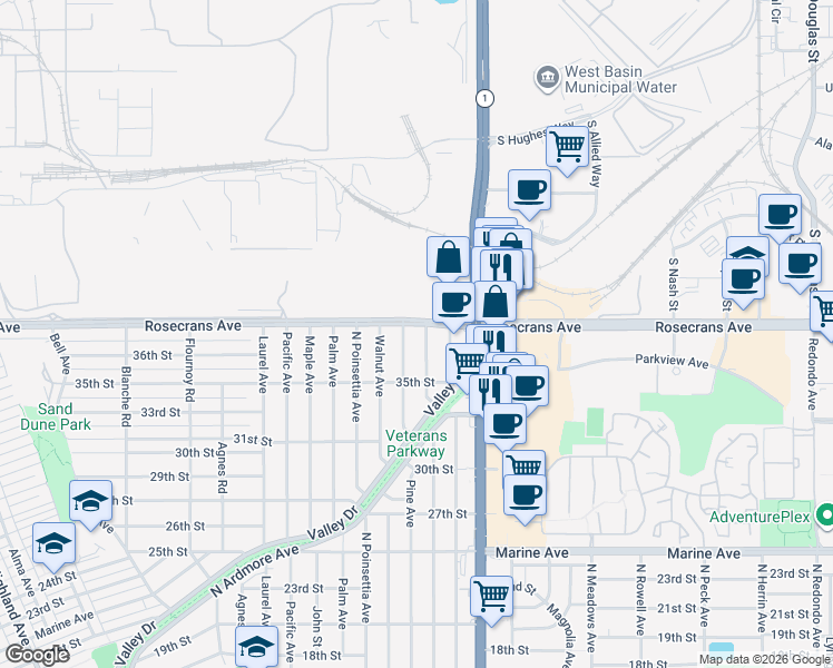 map of restaurants, bars, coffee shops, grocery stores, and more near 966 Rosecrans Avenue in Manhattan Beach