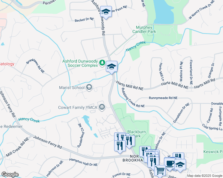 map of restaurants, bars, coffee shops, grocery stores, and more near 3746 Ashford Dunwoody Road in Atlanta