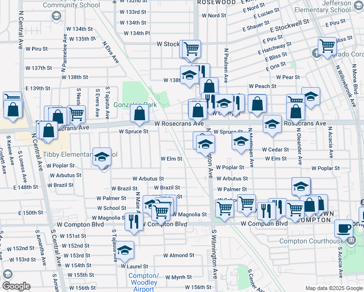 map of restaurants, bars, coffee shops, grocery stores, and more near 805 North Kemp Avenue in Compton