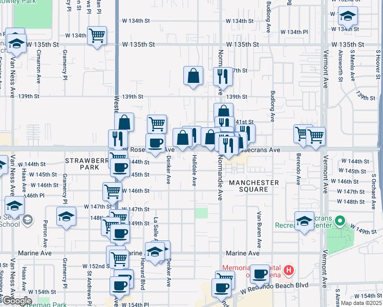 map of restaurants, bars, coffee shops, grocery stores, and more near 1522 Rosecrans Avenue in Gardena