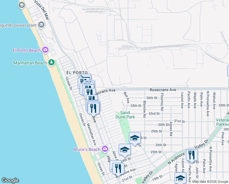 map of restaurants, bars, coffee shops, grocery stores, and more near 516 Rosecrans Avenue in Manhattan Beach