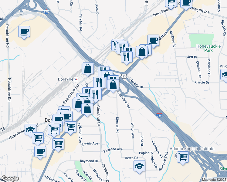 map of restaurants, bars, coffee shops, grocery stores, and more near 5499 Buford Highway Northeast in Doraville