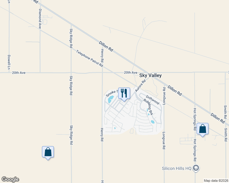 map of restaurants, bars, coffee shops, grocery stores, and more near Smoke Tree Road in Desert Hot Springs