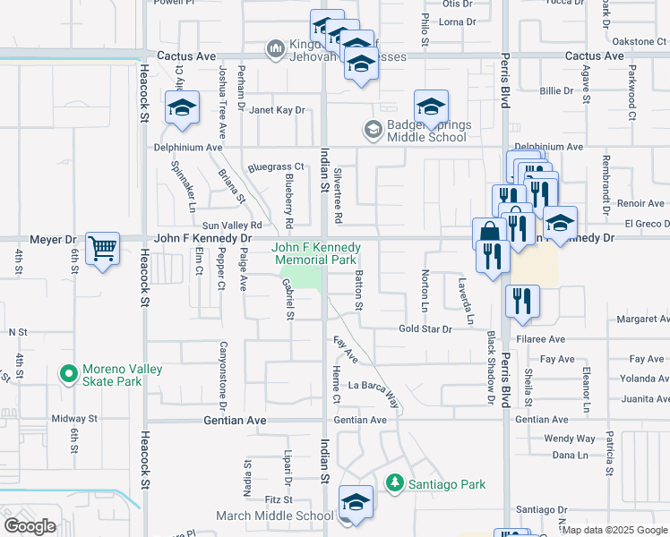 map of restaurants, bars, coffee shops, grocery stores, and more near 24558 Elmendorf Drive in Moreno Valley