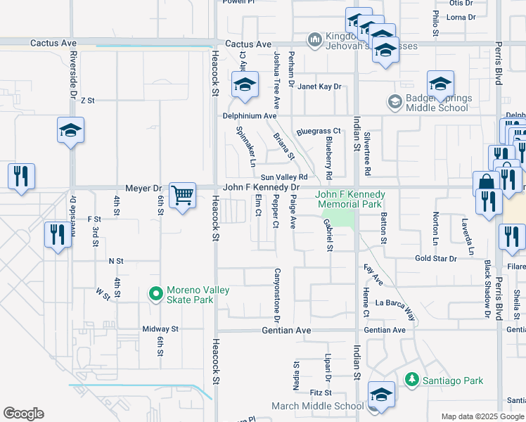 map of restaurants, bars, coffee shops, grocery stores, and more near 15115 Pepper Court in Moreno Valley