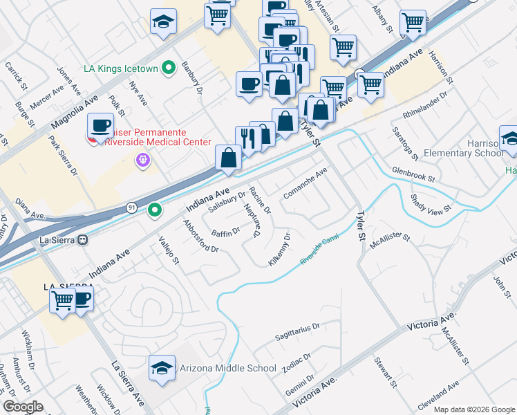 map of restaurants, bars, coffee shops, grocery stores, and more near 3252 Racine Drive in Riverside