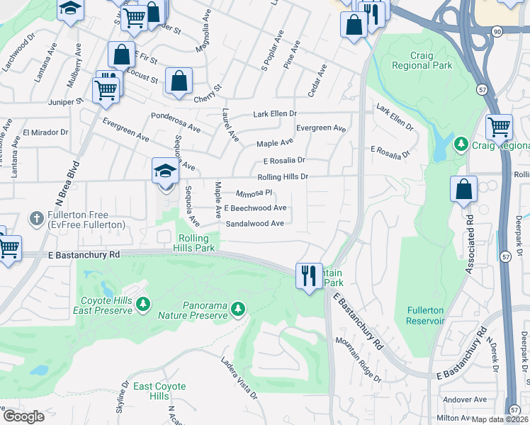 map of restaurants, bars, coffee shops, grocery stores, and more near 1708 Beechwood Avenue in Fullerton