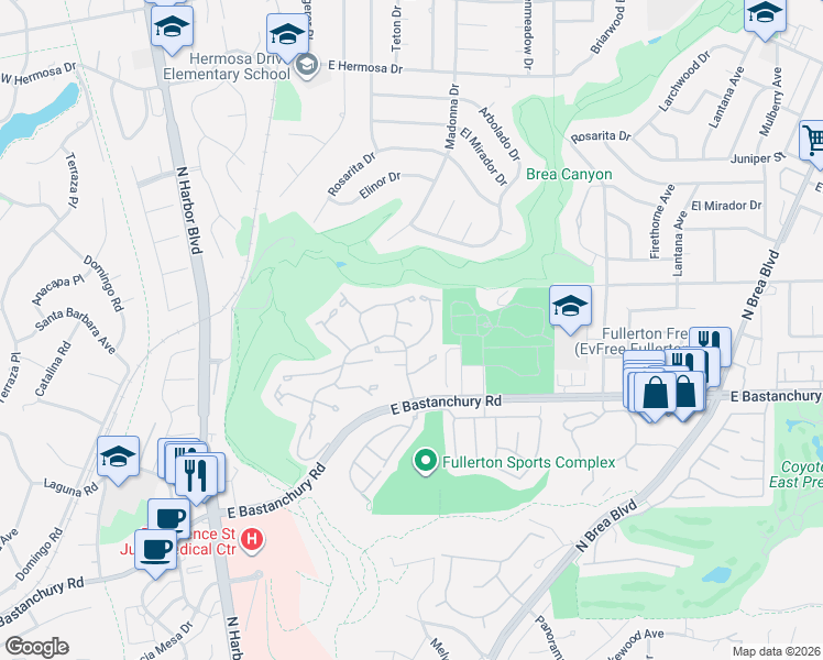 map of restaurants, bars, coffee shops, grocery stores, and more near 621 Brookline Place in Fullerton