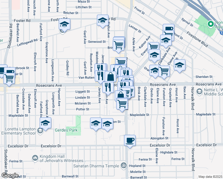 map of restaurants, bars, coffee shops, grocery stores, and more near 14321 Alburtis Avenue in Norwalk