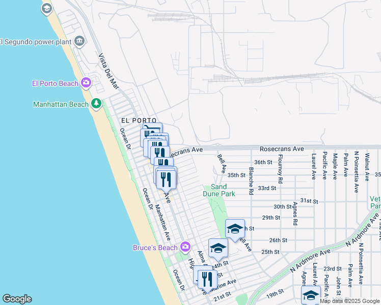 map of restaurants, bars, coffee shops, grocery stores, and more near 502 Rosecrans Avenue in Manhattan Beach