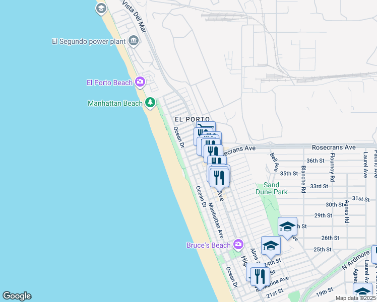map of restaurants, bars, coffee shops, grocery stores, and more near 205 38th Street in Manhattan Beach