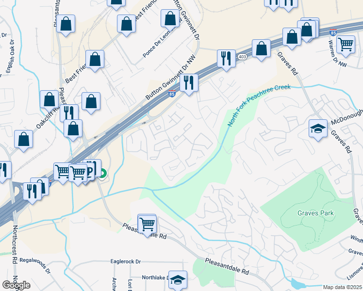 map of restaurants, bars, coffee shops, grocery stores, and more near 100 Wood Parkway in Atlanta