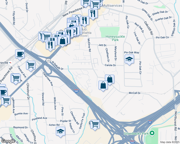 map of restaurants, bars, coffee shops, grocery stores, and more near 2991 North Dekalb Drive in Atlanta