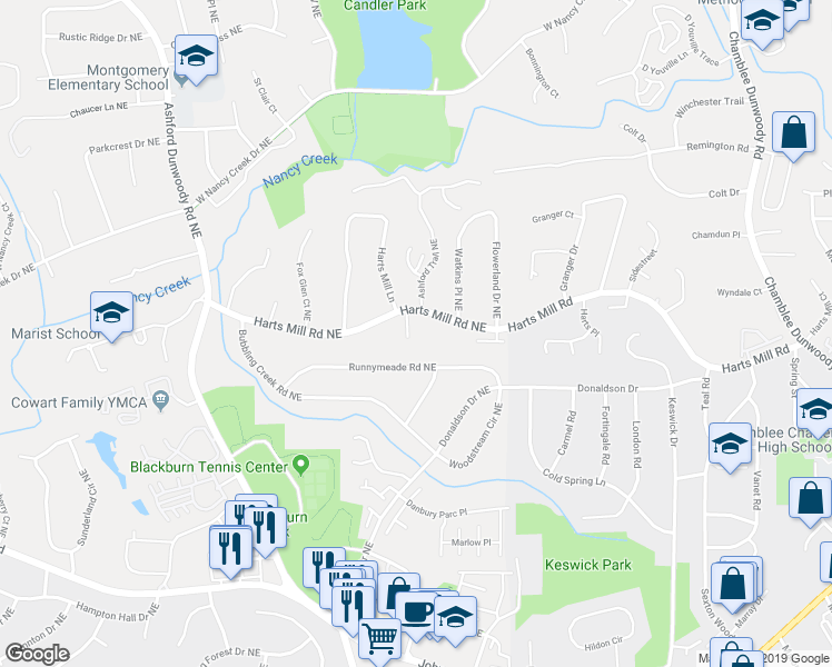 map of restaurants, bars, coffee shops, grocery stores, and more near 3740 Ashford Point in Atlanta