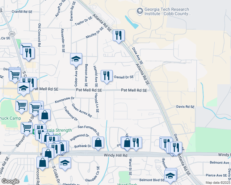 map of restaurants, bars, coffee shops, grocery stores, and more near 820 Pat Mell Road Southeast in Smyrna