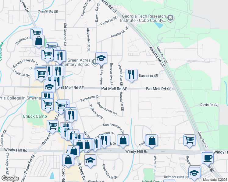map of restaurants, bars, coffee shops, grocery stores, and more near 702 Pat Mell Road Southeast in Smyrna